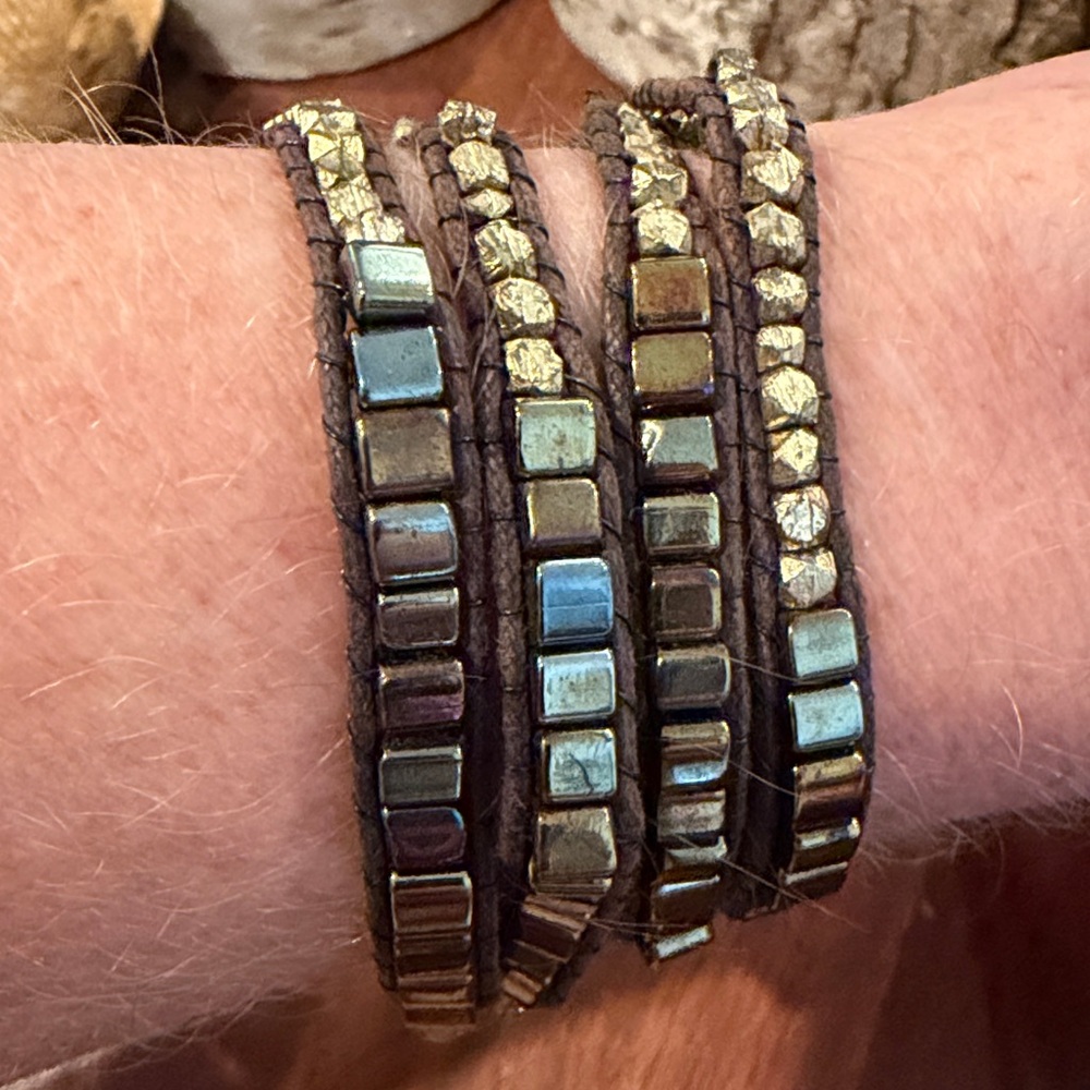 Boho Leather Wrap Bracelet Metallic Cube Beads Layered Rustic Style